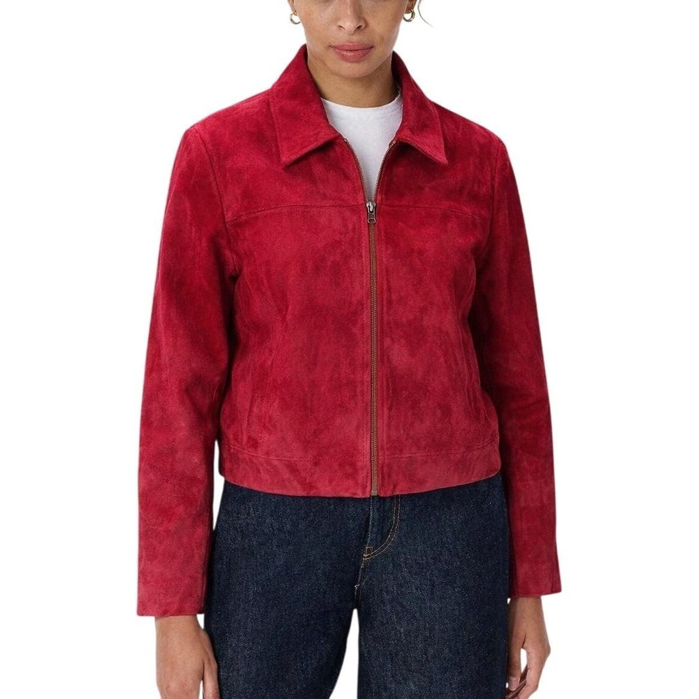 Vtg Coldwater Creek Suede Leather Jacket Zip Front Women XL 2XL Red Cropped Boxy